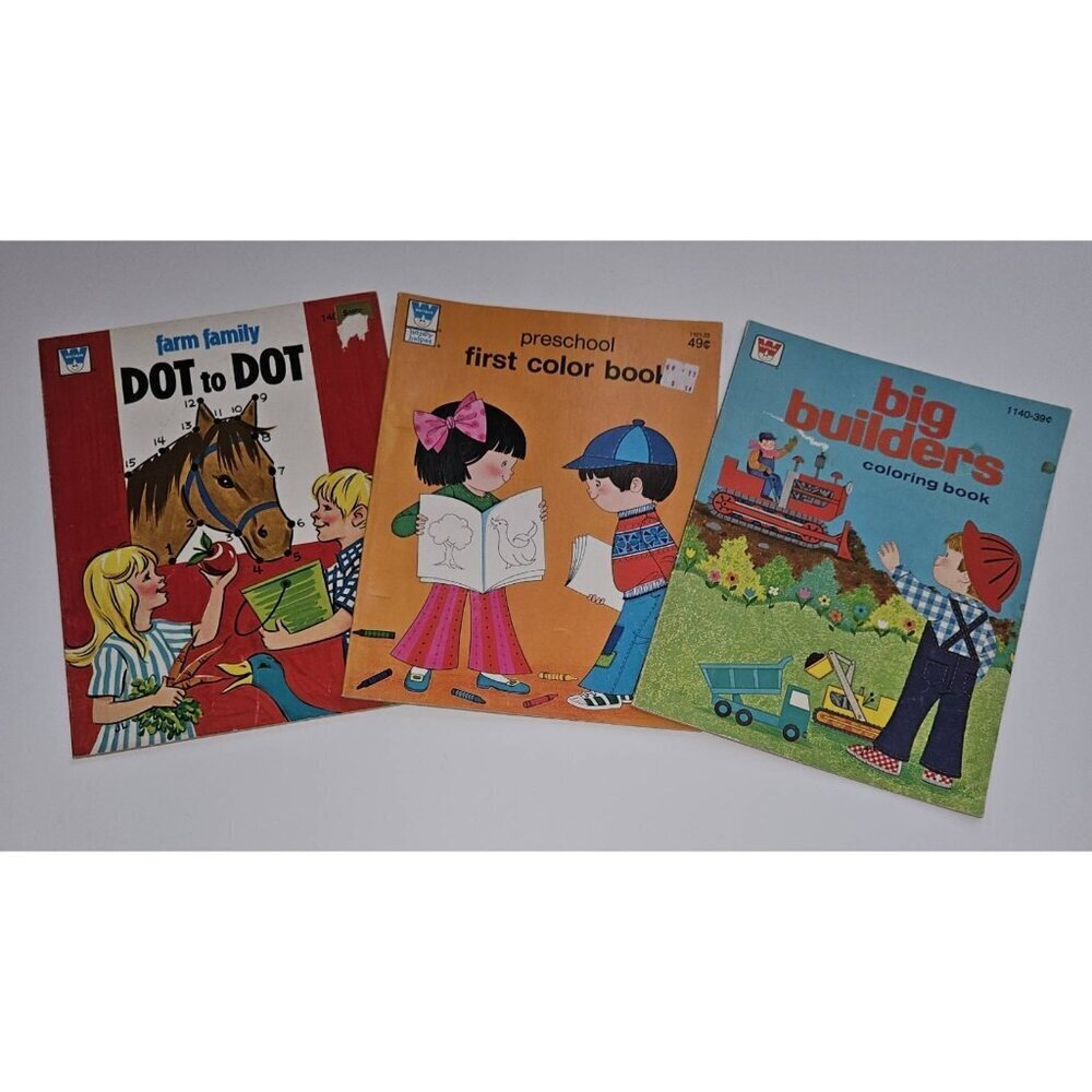 3 VTG Whitman Coloring Activity Book Lot Dot to Farm Preschool Big Builders READ